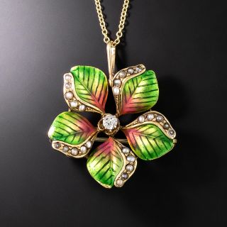 Art Nouveau Enamel And Seed Pearl Flower Pin/Pendant - 2