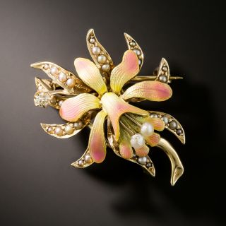 Art Nouveau Enamel, Diamond and Seed Pearl Orchid Brooch - 3