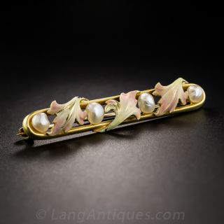 Art Nouveau Enamel Leaf and Pearl Bar Pin by Henry Blank & Co.