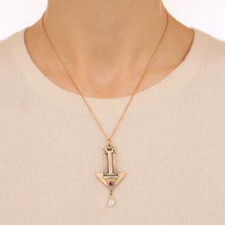 Art Nouveau Enamel, Ruby, Pearl and Diamond Pendant