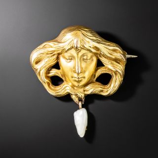 Art Nouveau Femme Brooch with Freshwater Pearl - 2