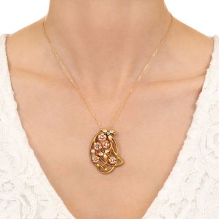 Art Nouveau Floral Enamel, Pearl and Diamond Necklace