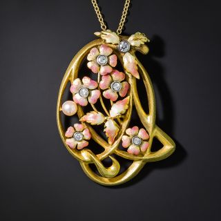 Art Nouveau Floral Enamel, Pearl and Diamond Necklace - 2
