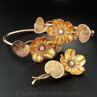 Art Nouveau Gold and Diamond Waterlily Bracelets and Brooch