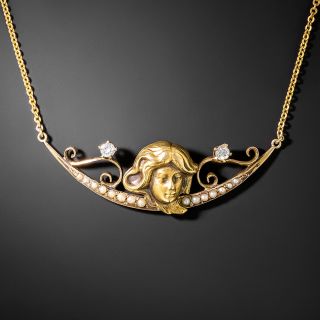 Art Nouveau Pearl and Diamond Crescent Necklace - 3