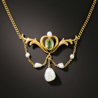 Art Nouveau Peridot And Freshwater Pearl Necklace - 2