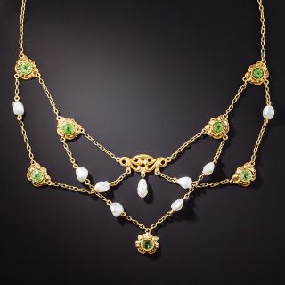 Art Nouveau Peridot and Freshwater Pearl Swag Necklace - 2