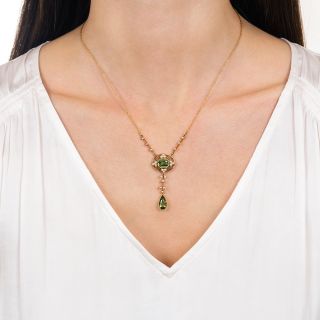 Art Nouveau Peridot and Pearl Drop Necklace