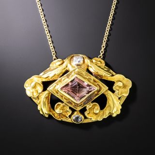 Art Nouveau Pink Tourmaline and Diamond Pendant Necklace - 2