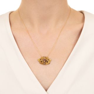 Art Nouveau Pink Tourmaline and Diamond Pendant Necklace