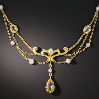 Art Nouveau Precious Topaz, Pearl and Enamel Swag Necklace - 3