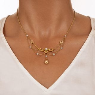 Art Nouveau Precious Topaz, Pearl and Enamel Swag Necklace