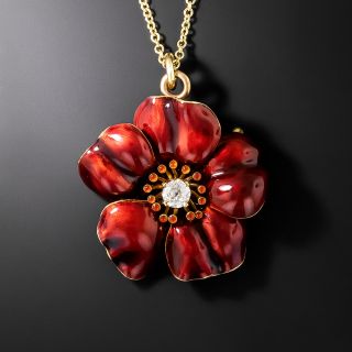 Art Nouveau Red Enamel & Diamond Flower Pendant/Brooch - 2