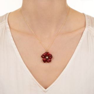 Art Nouveau Red Enamel & Diamond Flower Pendant/Brooch