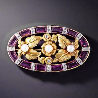 Art Nouveau Rhodolite Garnet, Pearl and Diamond Brooch - 1