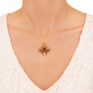 Art Nouveau Ruby and Diamond Brooch/Pendant