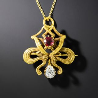 Art Nouveau Ruby and Diamond Brooch/Pendant - 2