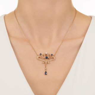 Art Nouveau Sapphire, Pearl and Diamond Lavaliere