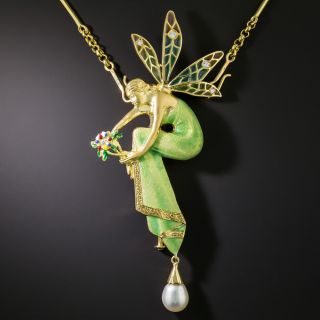Art Nouveau Style Enamel, Diamond and Pearl Pendant/Brooch - 2