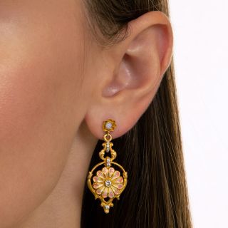 Art Nouveau Style Enamel Flower and Diamond Earrings 