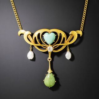 Art Nouveau Turquoise, Diamond, and Pearl Lavalier - 3