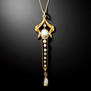 Art Nouveau Turquoise, Pearl and Diamond Pendant - 2