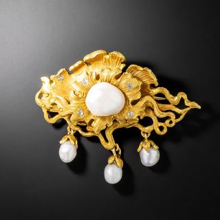 Art Nouveau Water Lily Pearl and Diamond Brooch by Thomas Brogan - 2