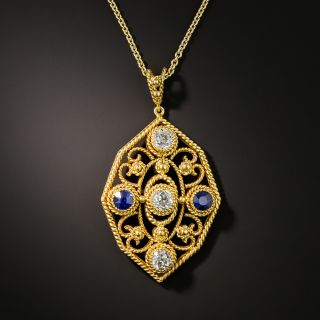 Arts and Crafts Diamond and Sapphire Pendant Necklace - 2
