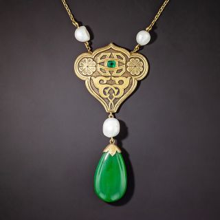 Arts & Crafts Jade, Natural Pearl and Emerald Lavalière  - 1