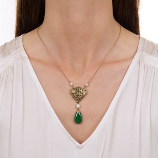 Arts & Crafts Jade, Pearl and Emerald Pendant Necklace