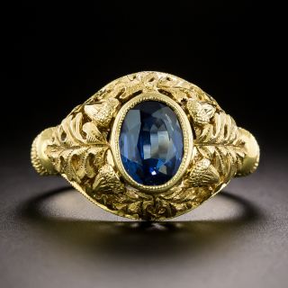 Arts & Crafts-Style Acorn and Leaf Design Sapphire Ring - 2