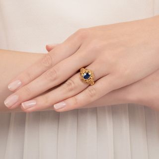 Arts & Crafts-Style Acorn and Leaf Design Sapphire Ring