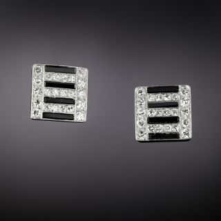 Austrian Art Deco Onyx and Diamond Square Earrings  - 2