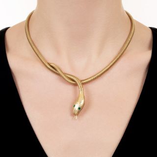 Austrian Mid-Century Emerald-Eyed Snake Necklace