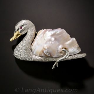 Baroque Pearl and Diamond Swan Brooch - 1