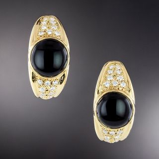 Black Onyx and Pavé Diamond Hoop Earrings  - 1