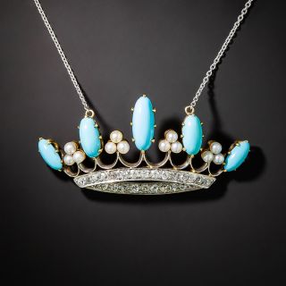  Black Starr & Frost Turquoise, Pearl and Diamond Crown Necklace - 2