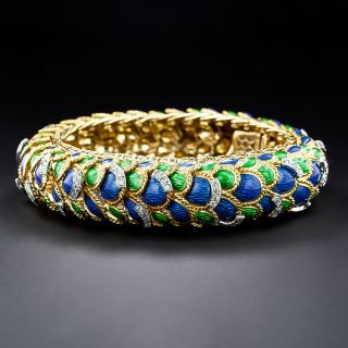 Blue and Green Enamel and Diamond Bracelet - 1