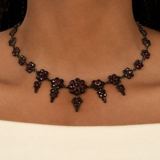 Bohemian Garnet Flower and Grape Cluster Necklace