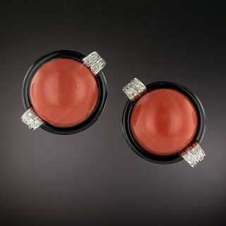 Cabochon Coral, Onyx and Diamond Circle Earrings  - 2