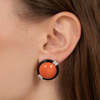 Cabochon Coral, Onyx and Diamond Circle Earrings 