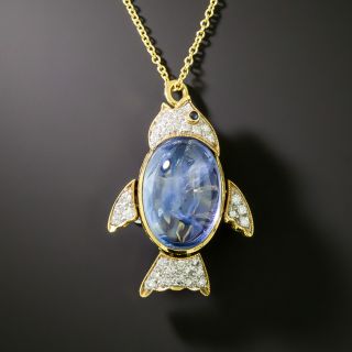 Cabochon Sapphire and Diamond Fish Pendant/Brooch - 4