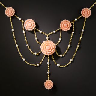 Carved Coral and Pearl  Swag Necklace - 2