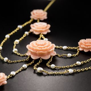 Carved Coral and Pearl  Swag Necklace