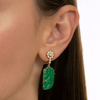 Carved Emerald and Diamond Earrings 