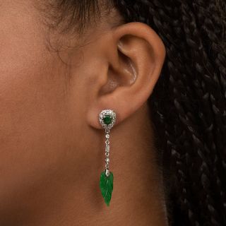  Carved Jade Leaf and Diamond Drop Earrings 