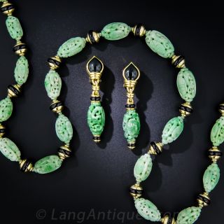 Carved Jade Necklace and Earring Set - 1