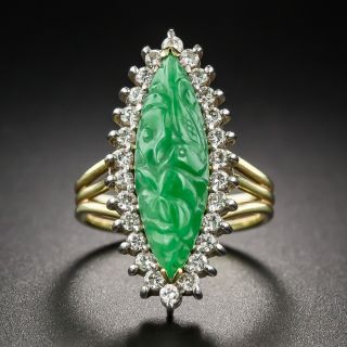 Carved Navette-Shape Carved Burmese Jade and Diamond Ring - 9