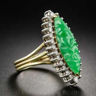 Carved Navette-Shape Jade and Diamond Ring