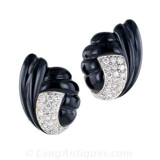Carved Onyx and Diamond Clip Earrings - 1